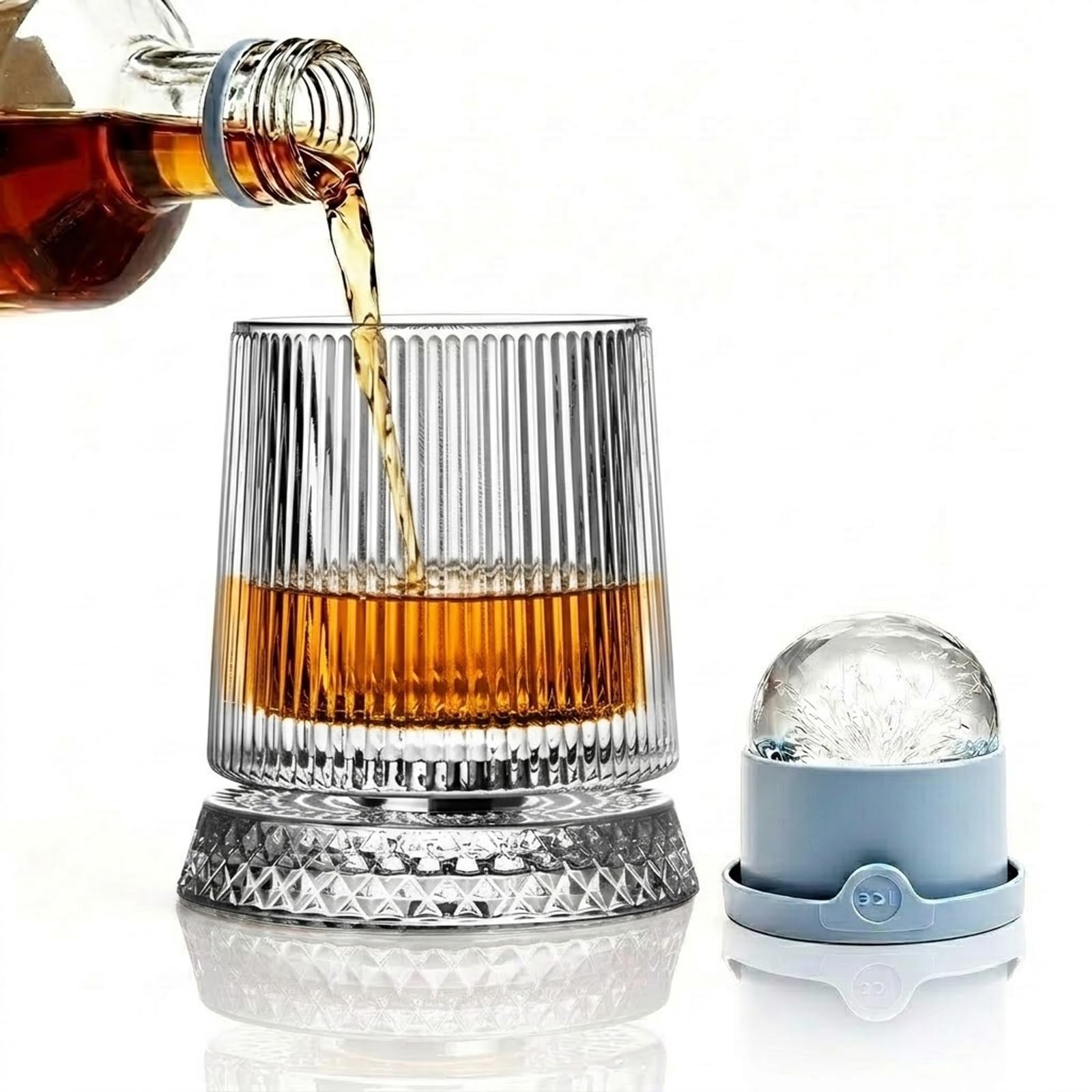 Bezvill Rotating Whiskey Glass with Large Ice Ball Mold, Single Spinning Crystal Bourbon & Old Fashioned Tumbler, 360° Kinetic Glassware for Home Bar, Unique Gifts for Men, Dad