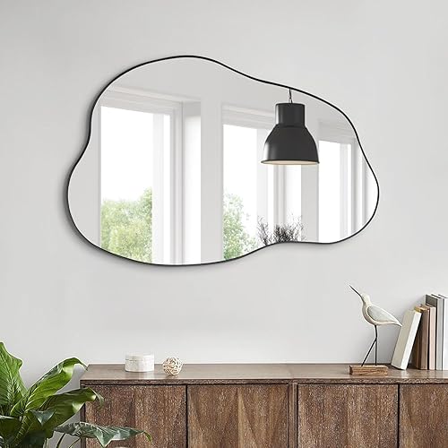 POZINO Espejo irregular, espejo asimétrico, espejo de nube, espejo ondulado, espejo de tocador para decoración de pared, espejo de pared con marco
