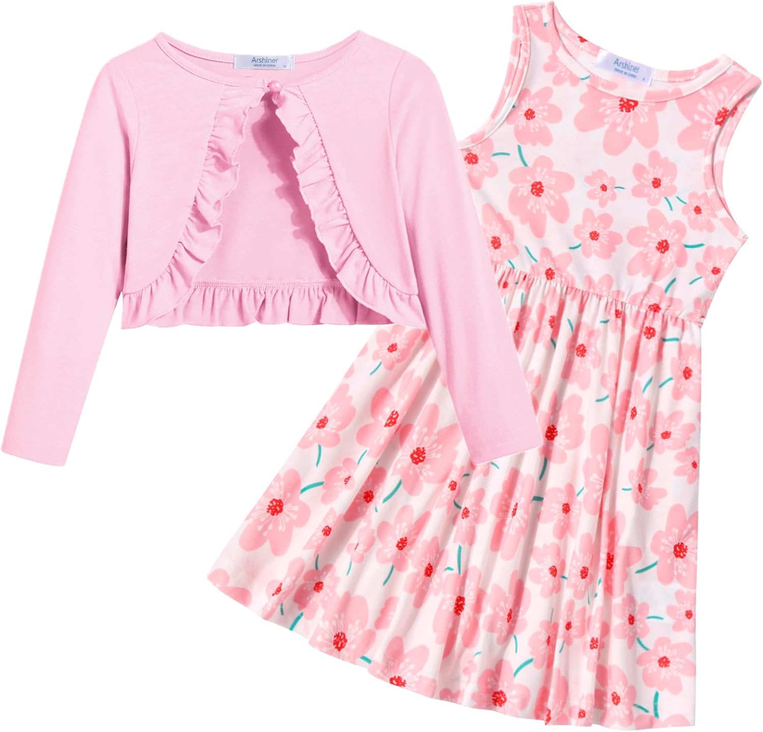 Arshiner Toddler Dress and Cardigan Girl Floral Print Sleeveless Sundress and Long Sleeve Shrugs Sets