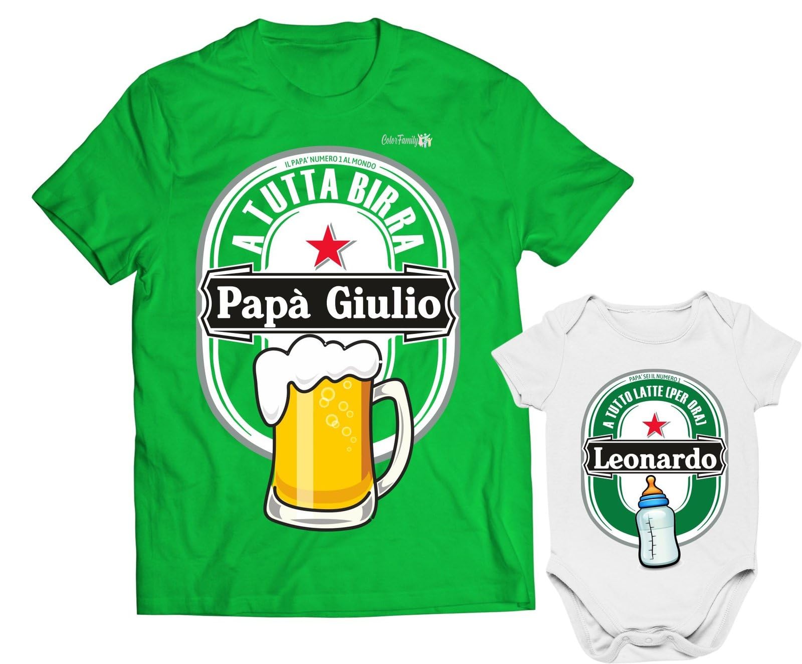 Colorfamily Coppia T-Shirt papà e Body Neonato Personalizzabile Padre Figlio A Tutta & Latte SoundsGood - Idea Regalo Bodino Divertente per Uso diurno