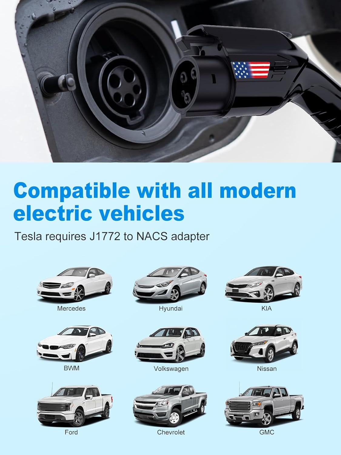 Level 1 & 2 EV Charger, 16A 120V-240V, 25ft Cable Portable J1772 Electric Car Charger American Flag Style with NEMA 6-20 & 5-15 Adapter for Home, Adjustable Current, Scheduled Charging, Black