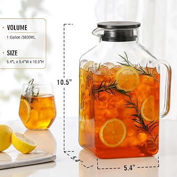 1 Gallon Square Glass Pitcher with Lid and Spout, Borosilicate Glass Carafe for Hot/Cold Drink, Water Pitchers with Handle for Fridge, Extra Large Jug for Iced Tea, Coffee, Juice, Beverage, Black