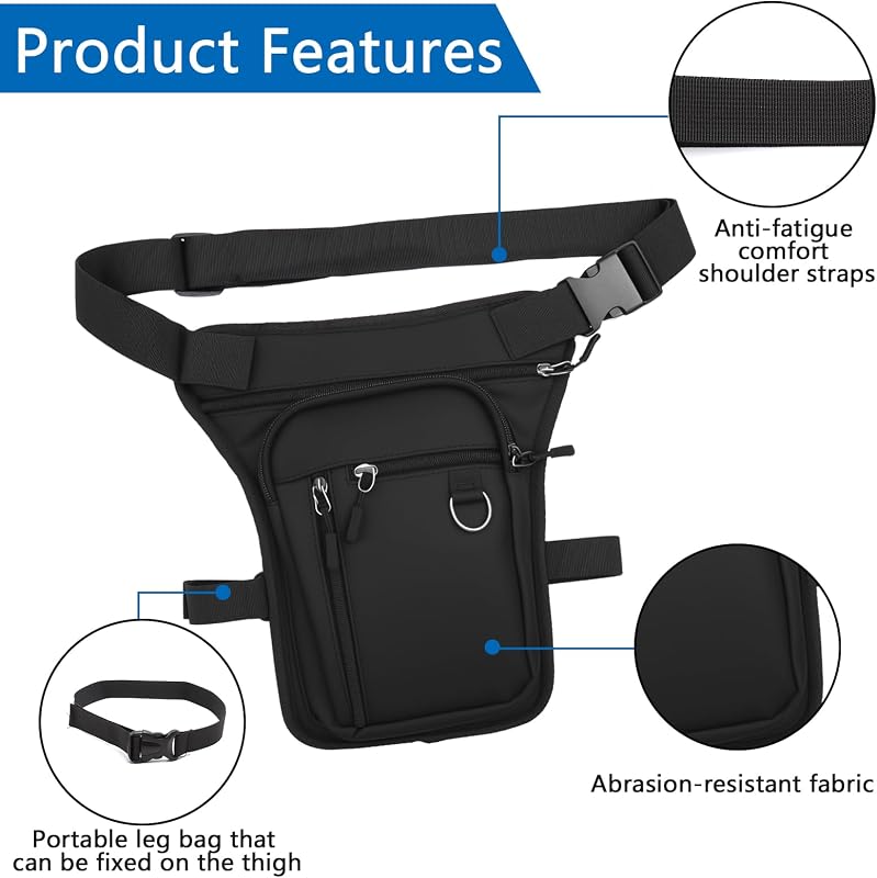 APOMOONS Geantă moto neagră impermeabilă de picior și de brâu, cu buzunare multiple, curea reglabilă, unisex, pentru outdoor, camping, drumeții, ciclism și alergare