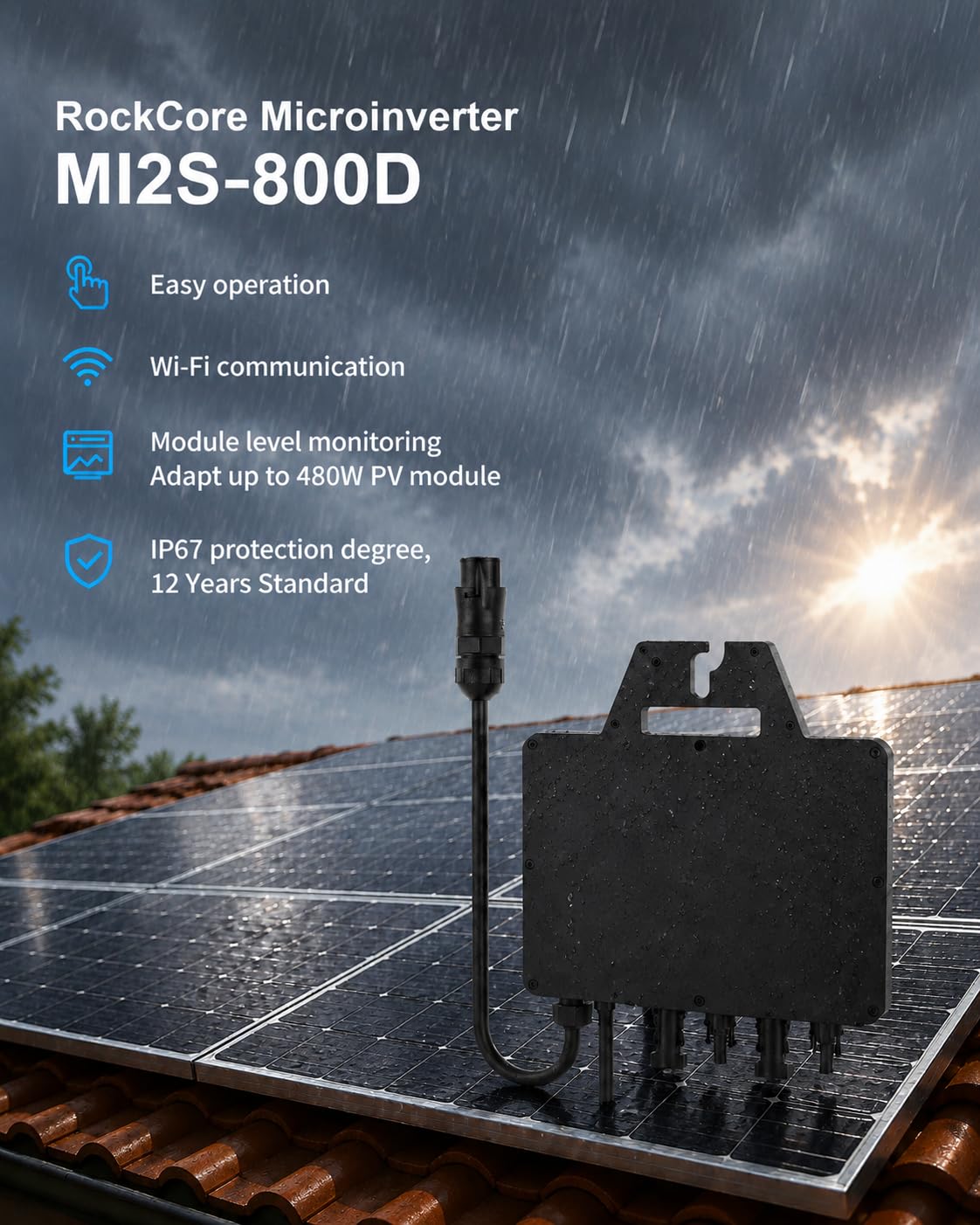 RC RockCore Micro inversor 800W con cable CC y AC, control por aplicación a través de Wi-Fi, convertidor MPPT micro fuente de alimentación, entrada 26-60V CC, IP67, negro, 0% IVA