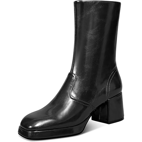 USIMAD Knee High Boots Women Gogo Boots Chunky Heel Platform Boots Square Toe Design Fashion Dress Boots with Side Zipper
