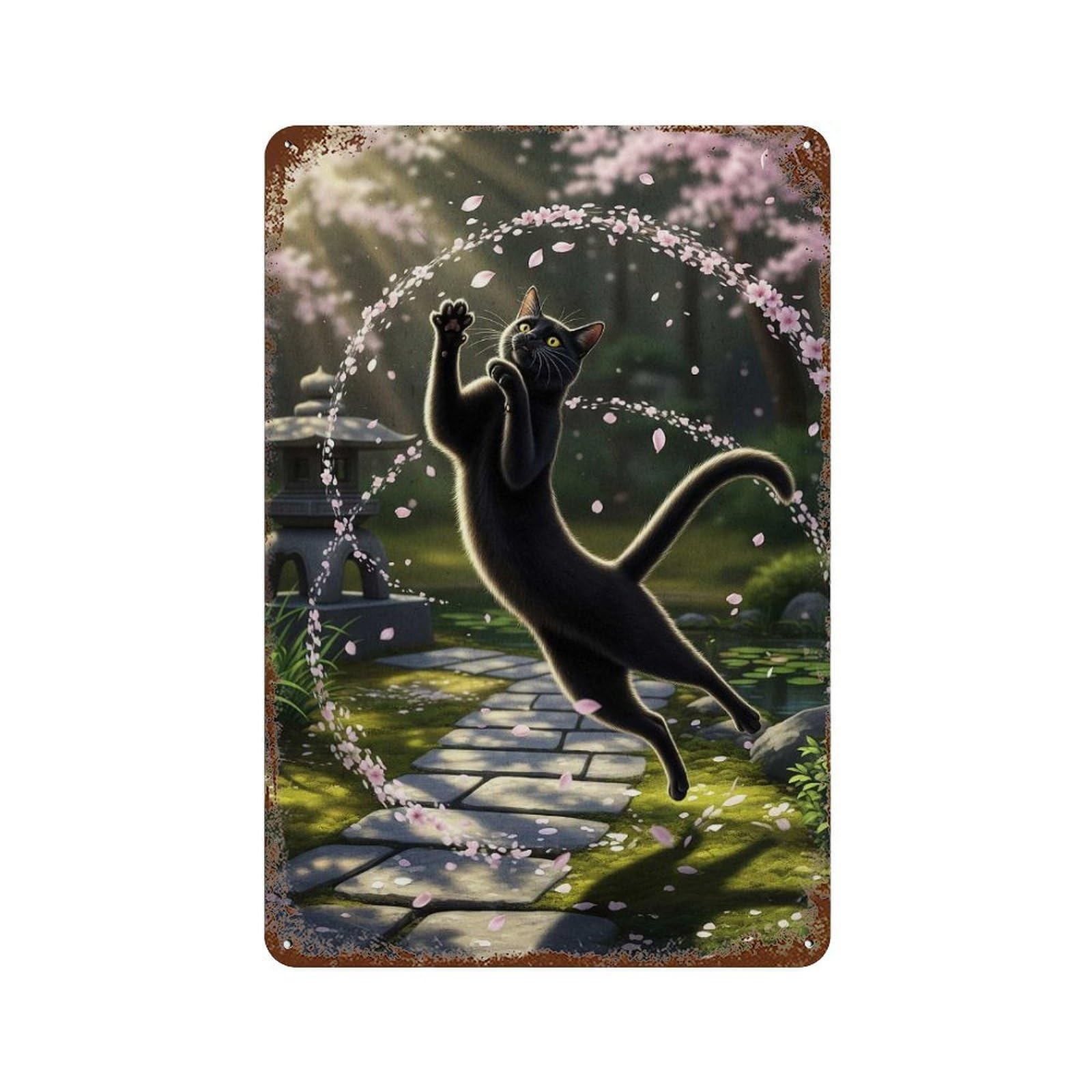 Black Cat Playing in Cherry Blossoms 11.8"x7.9" Distressed Metal Wall Sign, Retro Wall Decor for Garage, Bar And Workshop Decor