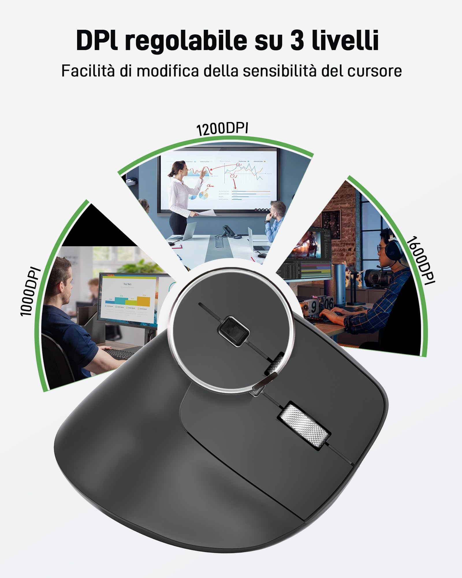 acer Mouse ergonomico senza fili, mouse verticale ricaricabile da 2,4 GHz con 3 DPI regolabili, 6 tasti, mouse ergonomico da ufficio Vertical Wireless per Windows, mac OS, Linux, Chrome OS, ecc.