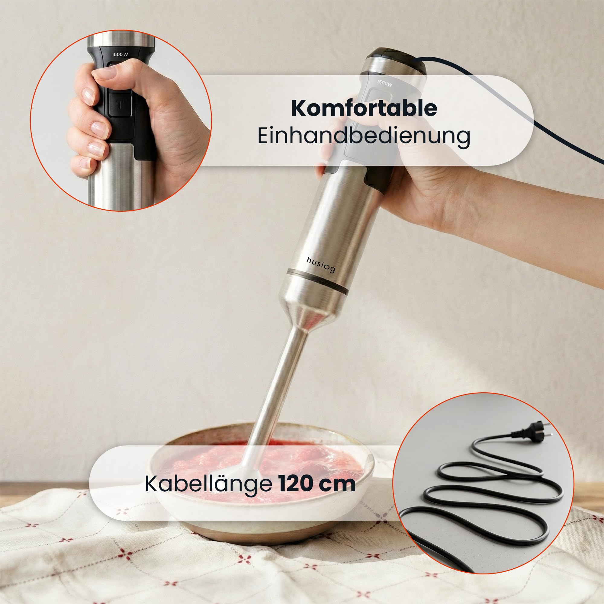 BlendPlus Stabmixer 3in1 – 1500W Hochleistungsmixer mit Edelstahlklingen, Zerkleinerer, Schneebesen & 600ml Messbecher – Stufenlose Geschwindigkeit & Turbo-Funktion – Edelstahl/Schwarz