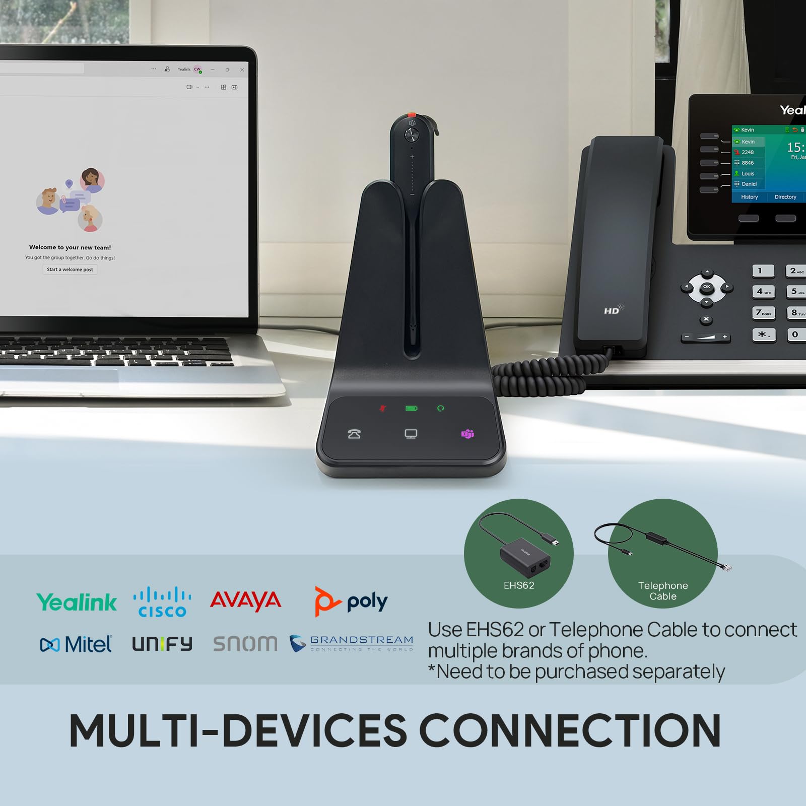 Yealink WH63 E2 DECT - auriculares inalámbricos con micrófono, certificados, rango de 607 pies, auriculares de oficina individuales para escritorio