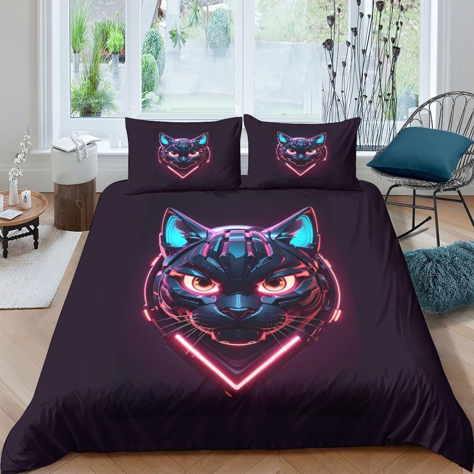 Ctjqhvkz Style-4 3D Printed Neon Cat Fitted Sheet Microfiber Soft Mattress Cover For Bedroom Guest Room Decor Protection Single（135X200cm）