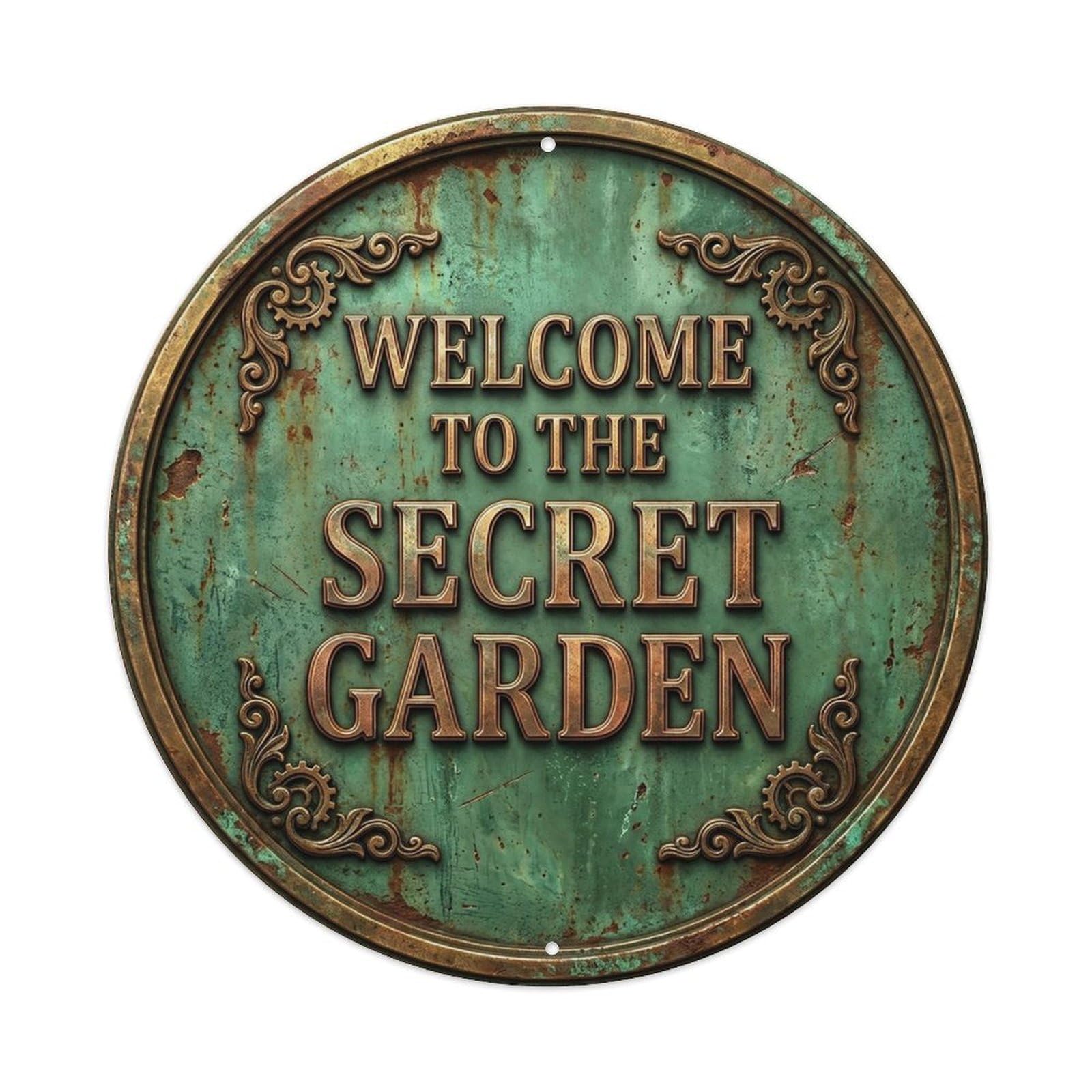 Vintage Welcome Secret Garden Gold Moss Scrollwork Metal Tin Sign
