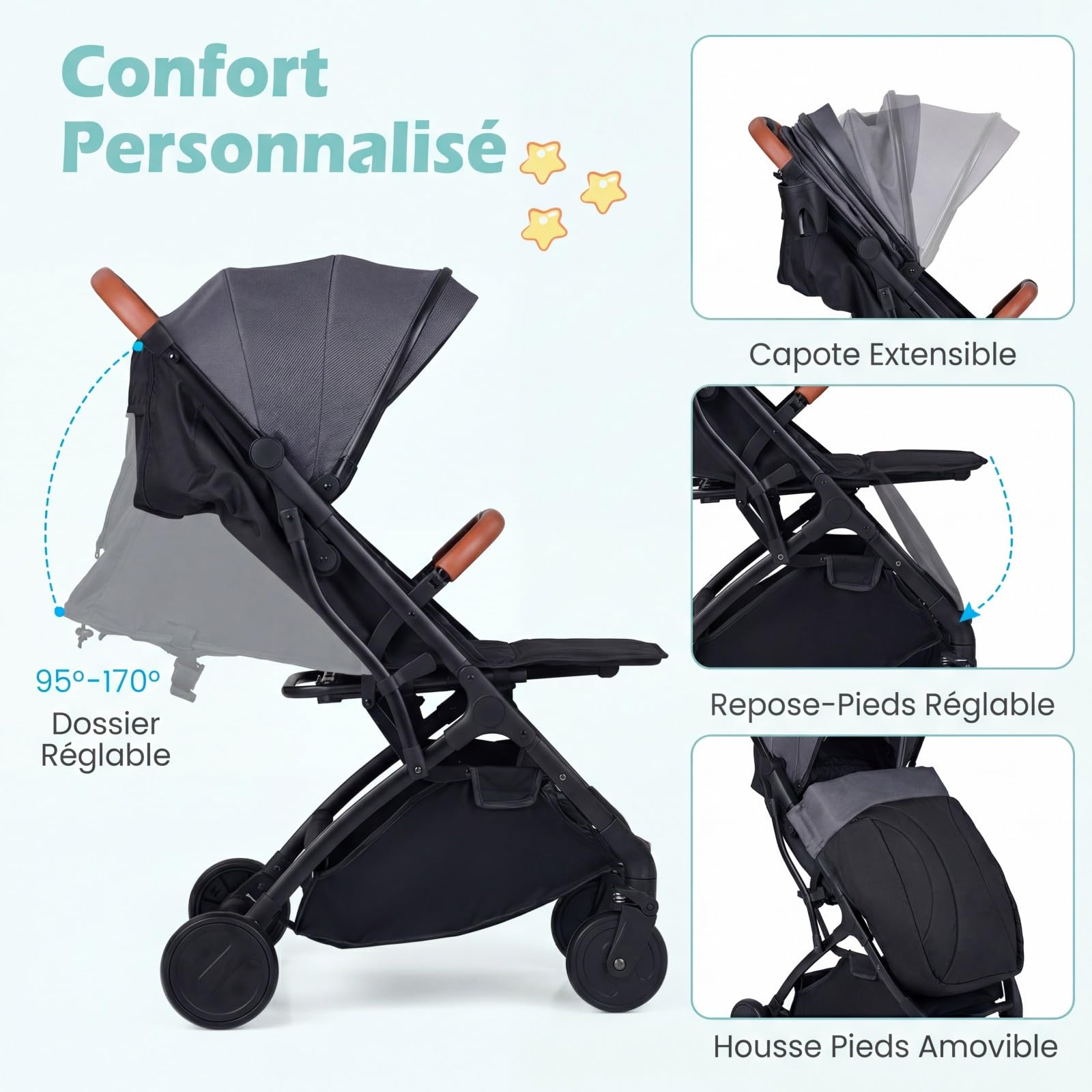 COSTWAY Poussette Canne Bébé avec Capote Réglable & Dossier Inclinable, Poussette Compacte Pliable à une Main, avec Harnais 5 Points, Grand Panier, Porte-Gobelet, Housse Pluie, 0-3 Ans, 15 kg (Gris)