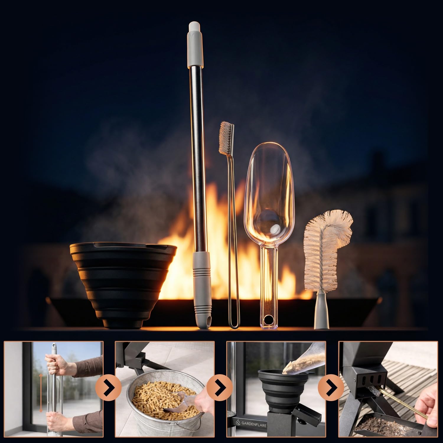 GARDENFLARE Pflege- & Zubehörset für Klassik Feuerrohr – 4-teilig mit Schaufel, Trichter, Teleskop-Glasbürste & Brennkammerbürste – Reinigungsset für Deine Pelletfackel (für 8 cm Glasrohr)