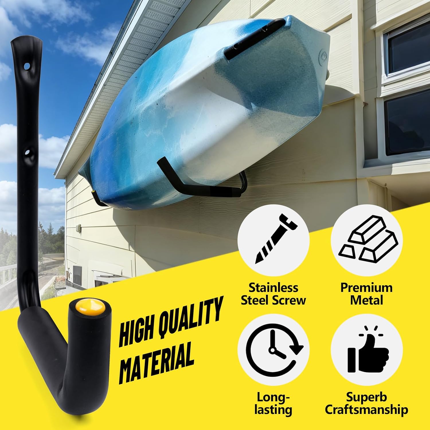 GEEDAR Heavy Duty Garage Storage Hooks (120 LB Capacity), 4packs, 15" Enforced Kayak Storage Hanger Wall Mounted Rack for Hanging Ladders, Bikes