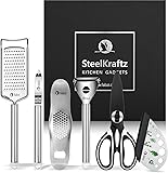 Kitchen Gadgets Kit - 6-in-1 Ergonomic, Stainless Steel Cutting Utensils - Cheese Grater, Herb Stripper, Garlic Crusher, Kitchen Scissors, I-Shaped and Y-Shaped Peeler