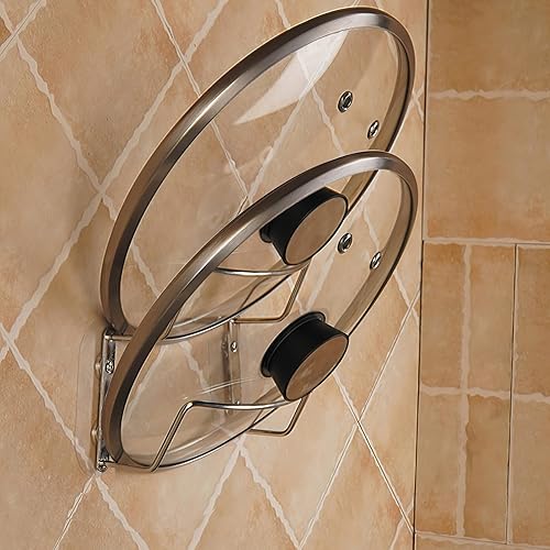 Miniatura 7 de Elegante estante para tapa de olla montado en la pared, organizador de 2 capas, fácil de instalar, soporte para tapa de olla para gabinetes
