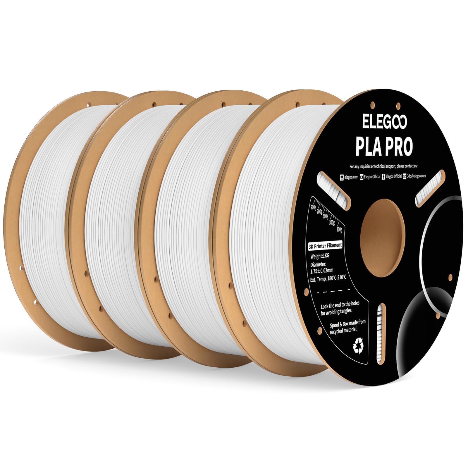 ELEGOO PLA PRO Filament 1.75mm White 4KG,30-250mm/s Printing Speed Improved Rigidity 3D Printer Filament Dimensional Accuracy +/- 0.02mm, 4pcs 1kg