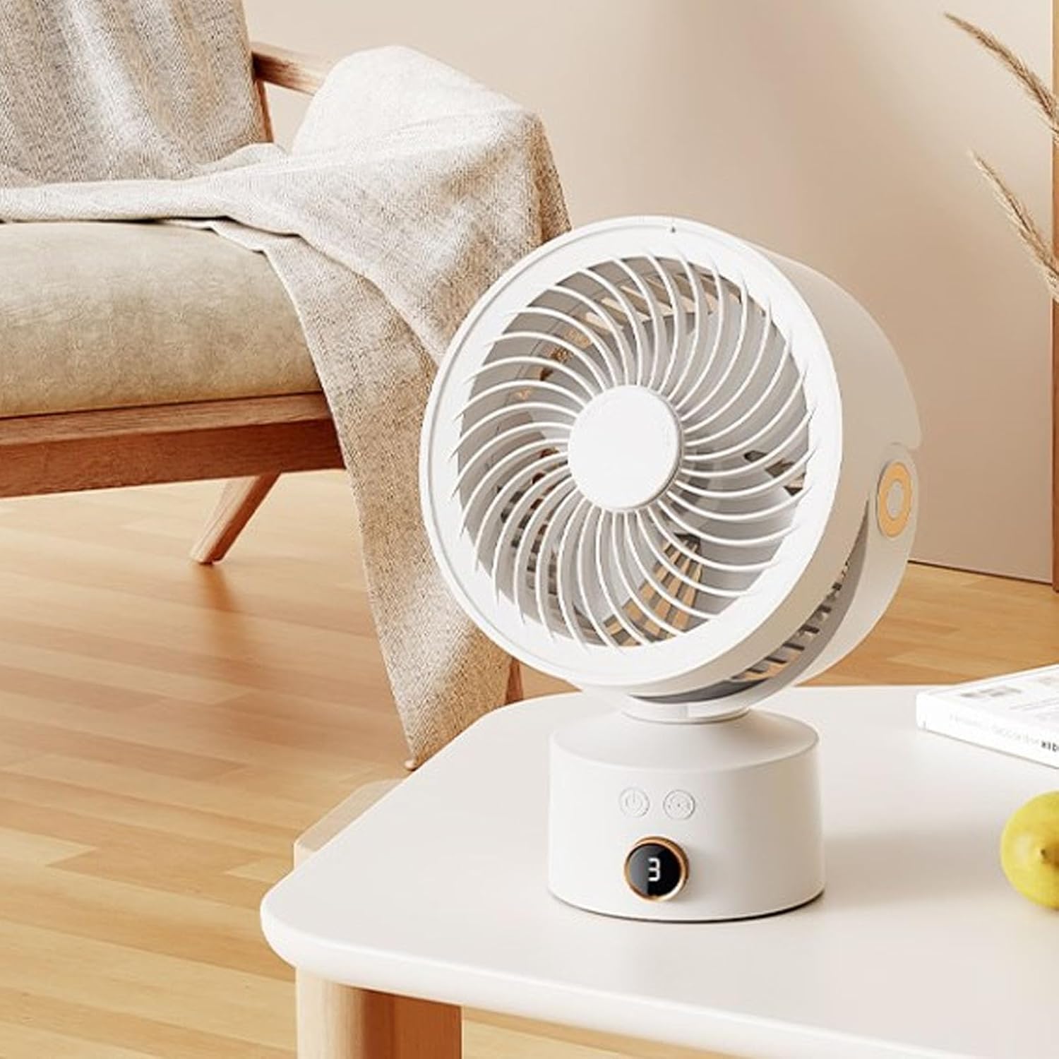 Air Circulator Desk Fan Portable USB Rechargeable, Battery Operated with 4H Timer, Oscillating Table Fan Apricot - Wide Coverage, Nature Wind Simulation, Ideal for Home and Trave (White)