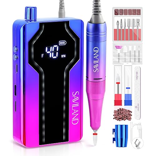 Saviland Kit de taladro de uñas, máquina de taladro de uñas de 40000 rpm, lima de uñas eléctrica portátil para uñas acrílicas, bandas de lijado