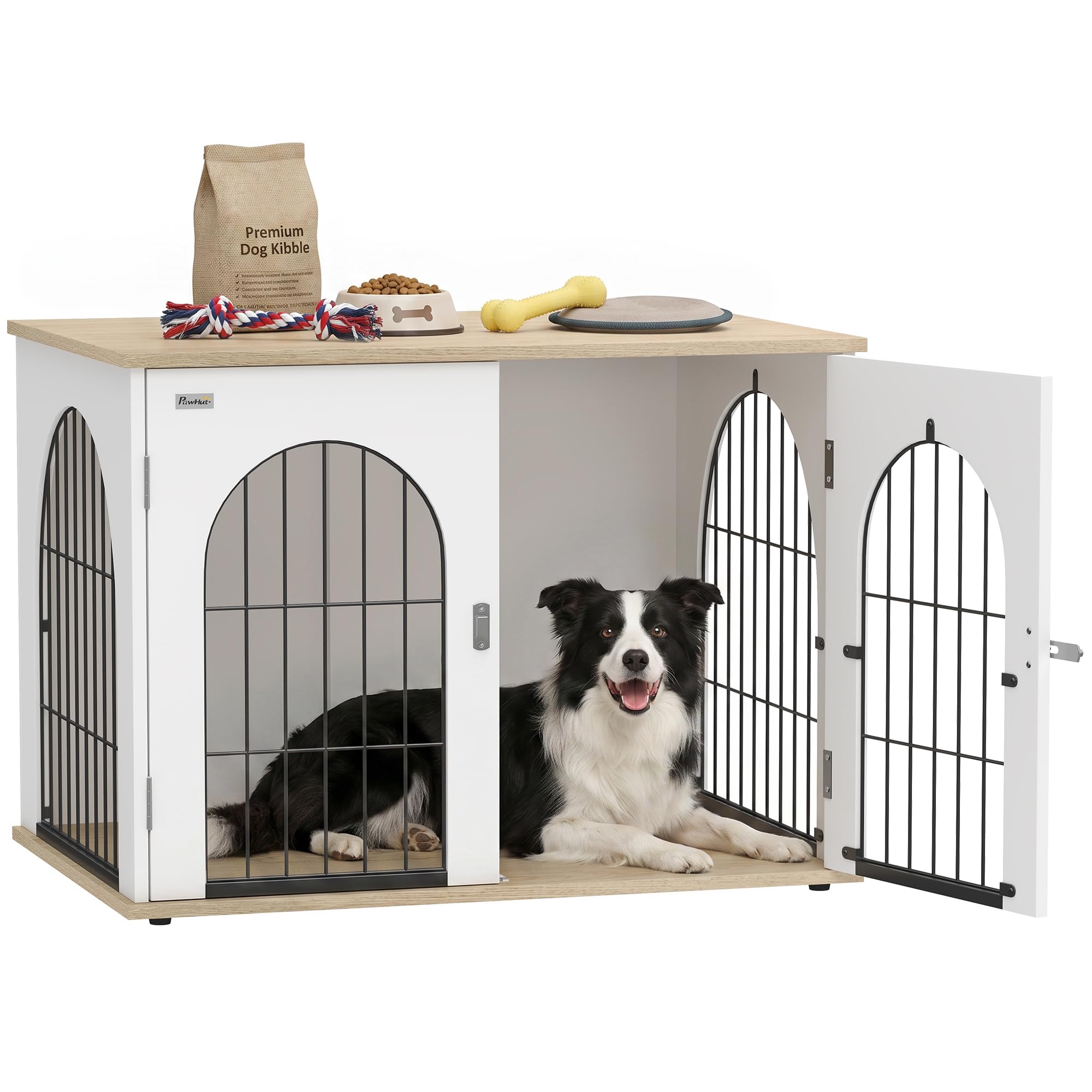 PawHut Gabbia per cani Arco Doppia Porta Dimensione Media, 80 x 56 x 59 cm, Bianco | Mobile Cage Cane Interno, Metallo Robusto, Tavolino Design Moderno, Soggiorno Appartamento