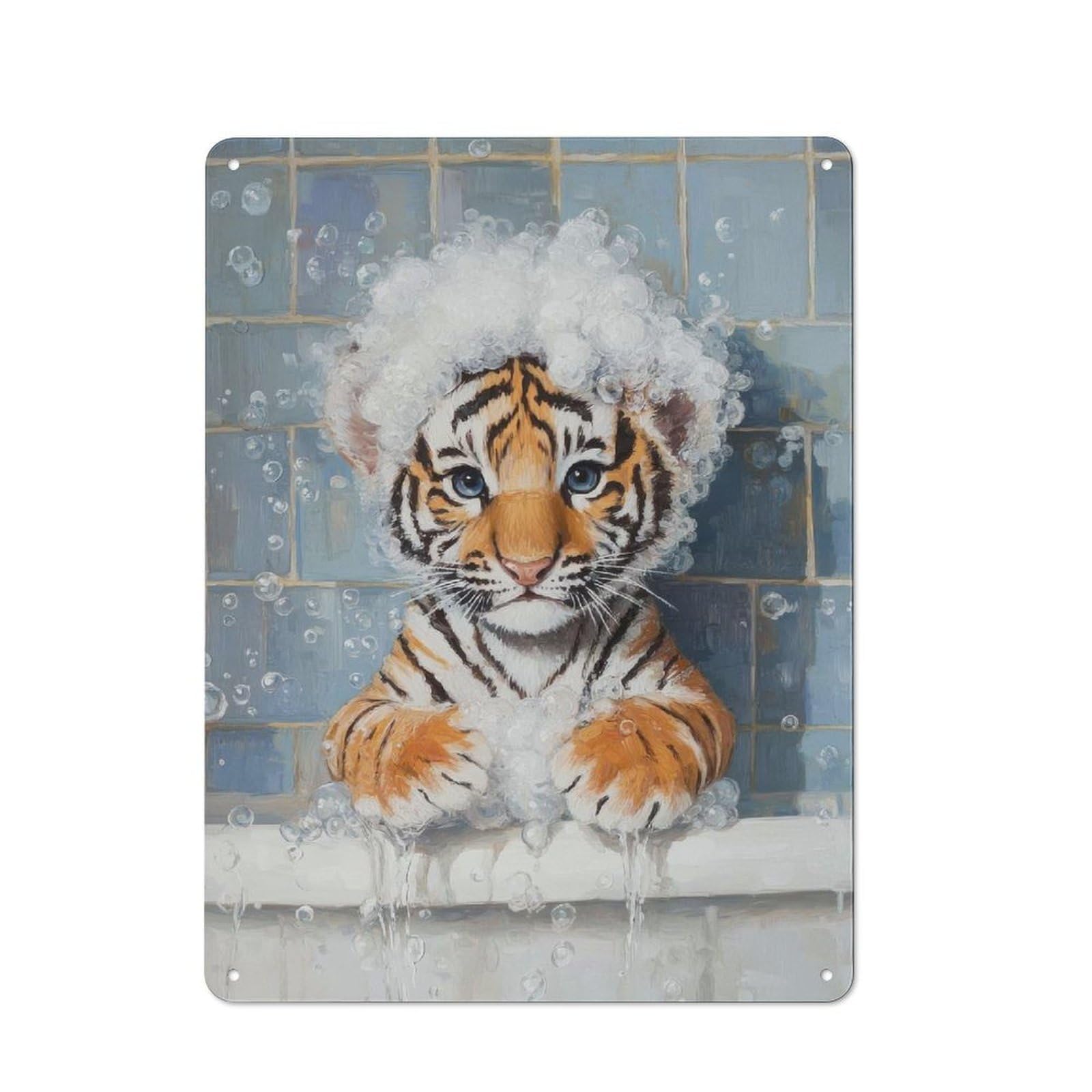 Junmoney Style-14 Tiger Cub Bath Time Retro-Style Tin Sign 40X30cm For Man Cave Or Games Room, A Metal Wall Feature For Games Rooms And Man Caves