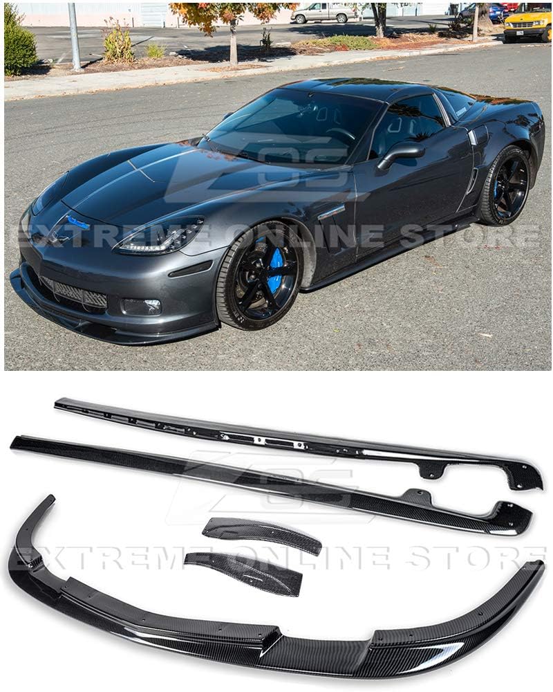 for 2005-2013 Chevrolet Corvette C6 Wide Body Models | ZR1 Style Front Bumper Lip Splitter with Side Skirts Rocker Panel Mud Flap Pair (ABS Plastic - Hydro-Dipped Carbon Fiber)