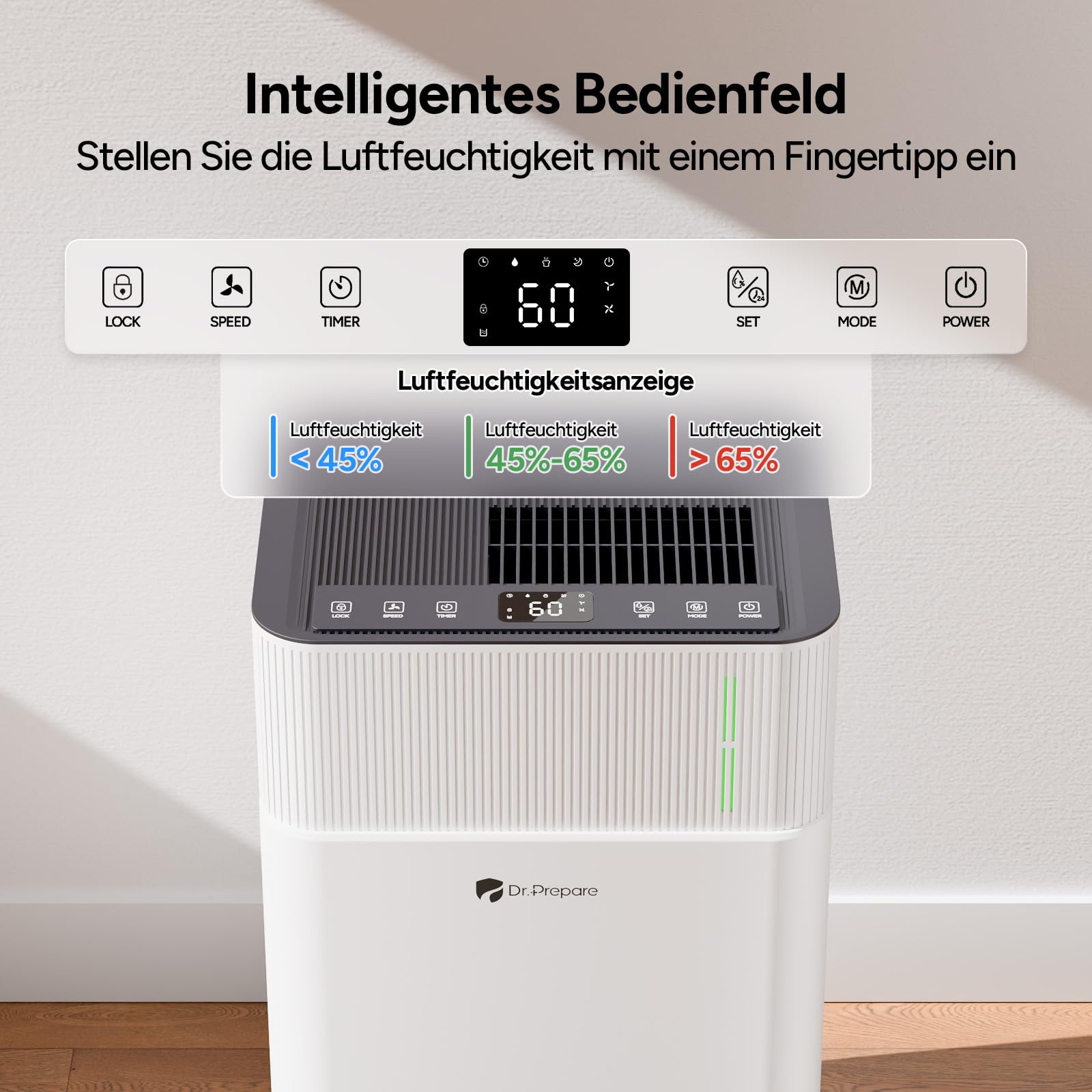 DR.PREPARE Luftentfeuchter Elektrisch 25L, Entfeuchter für Keller Wäschetrocknung, 4.5L Tank, 3 Modi, Schlafmodus, 24H Timer, Raumentfeuchter Elektrisch für 40-45m², Luftentfeuchter mit Ablaufschlauch