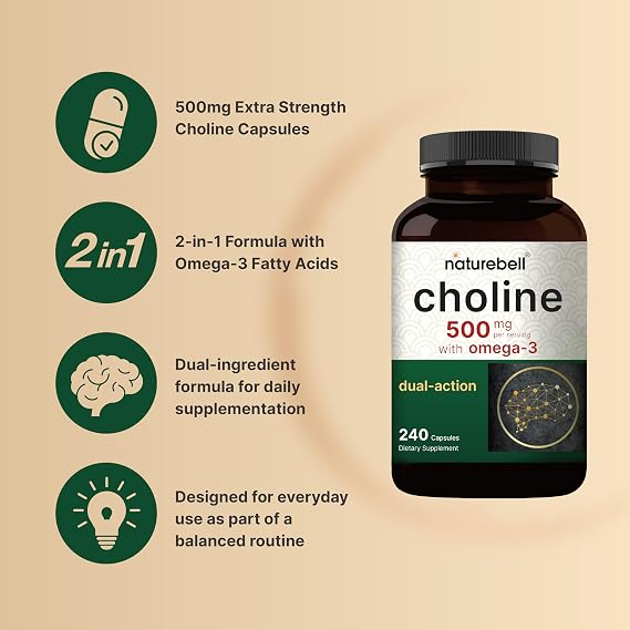 NatureBell Choline 500 mg with Omega-3 Fatty Acids, 240 Capsules | Extra Strength 2-in-1 Choline Bitartrate Formula | Non-GMO