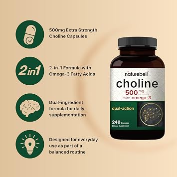 NatureBell Choline 500 mg with Omega-3 Fatty Acids, 240 Capsules | Extra Strength 2-in-1 Choline Bitartrate Formula | Non-GMO