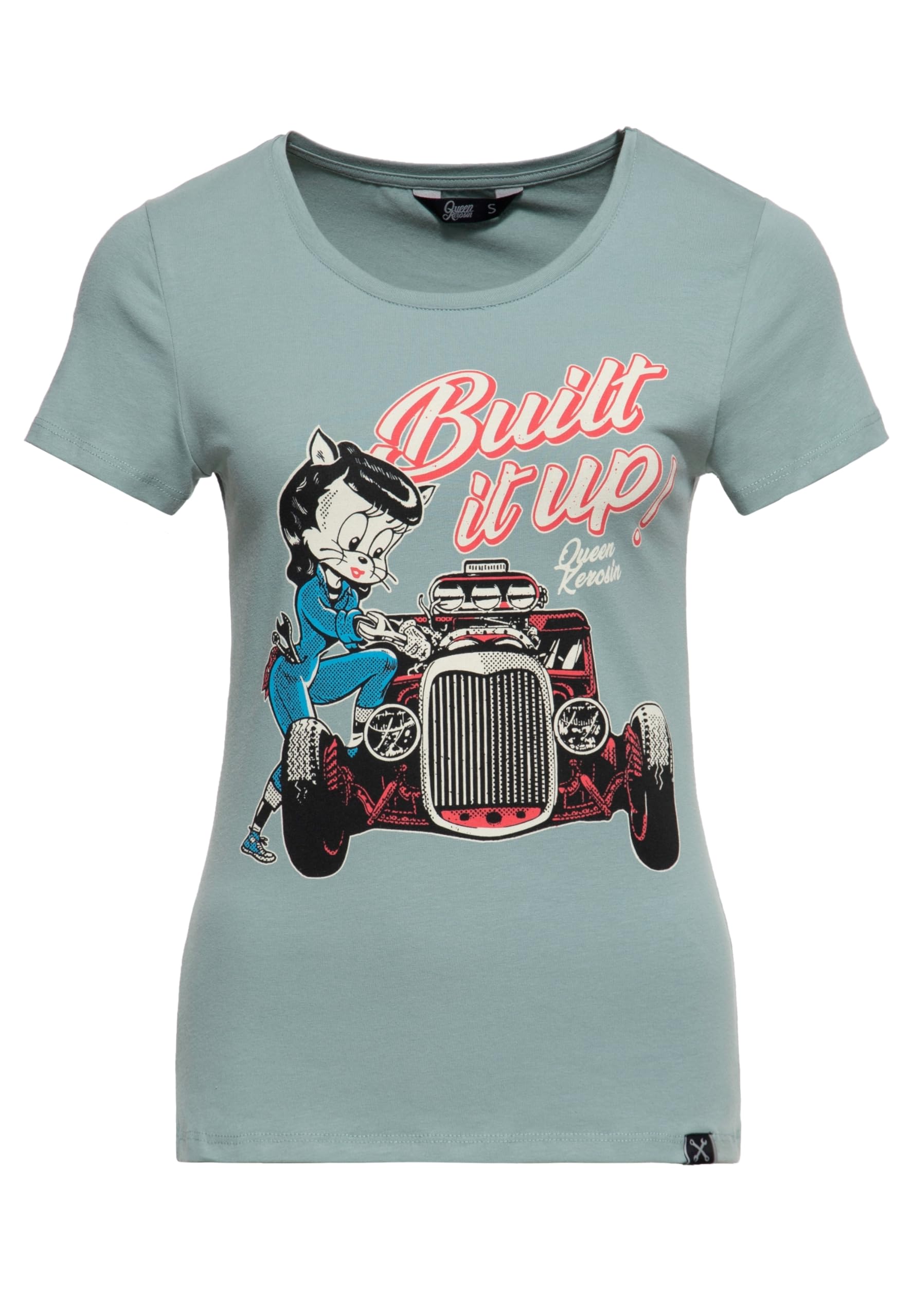 Queen Kerosin T-shirt pour femme | Rockabilly | Rockabella | 50S | Coupe ajustée | Imprimé sur le devant | Rétro | Vintage | Hot Rod | Rock'n'roll | Work Wear | 1950 | Custom Garage Built It Up!