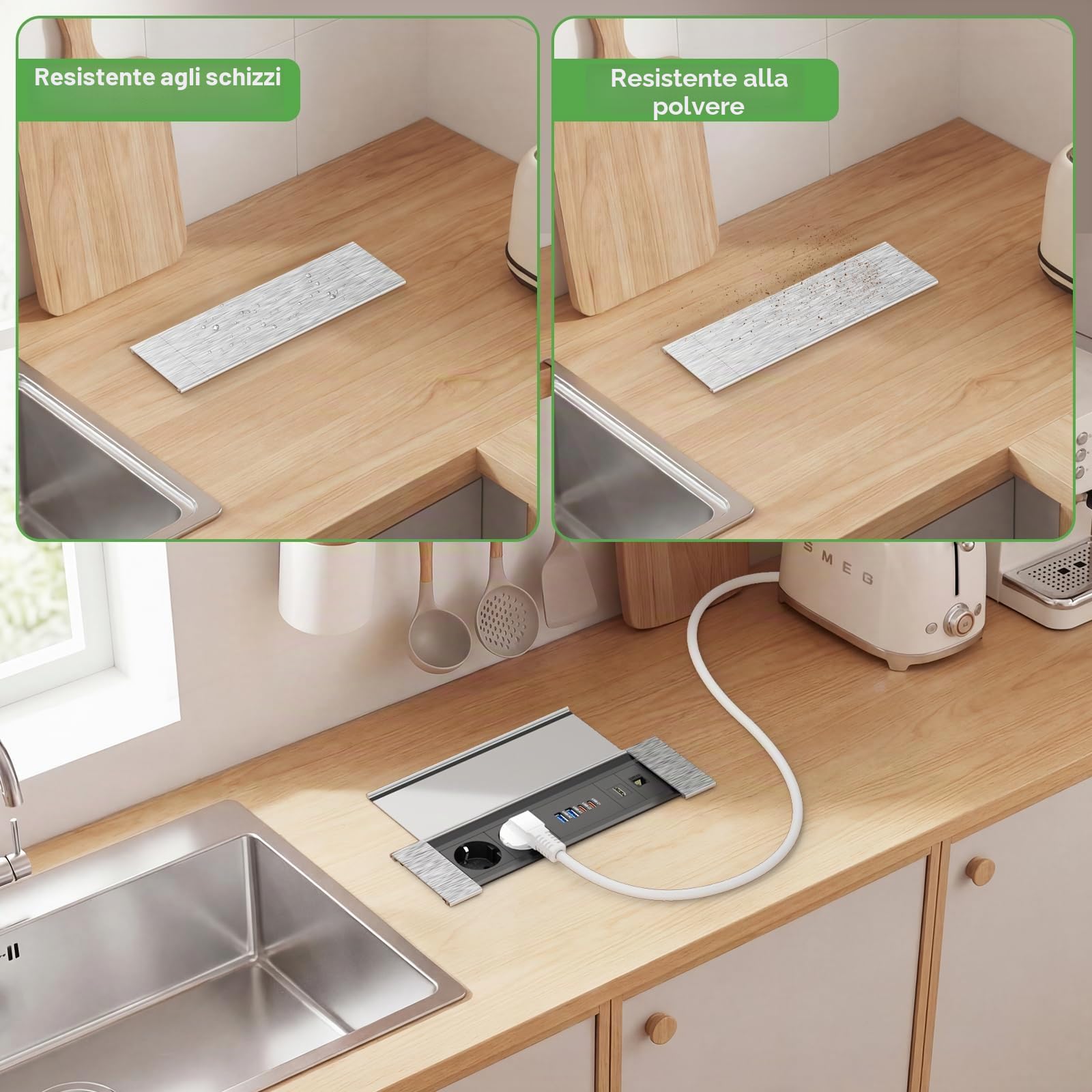 Presa da tavolo a scomparsa con 2 USB C PD30W, in alluminio, con USB, HDMI, RJ45, presa da incasso con coperchio per scrivania, cucina, ufficio, cavo da 1,8 m, 2400W/10A
