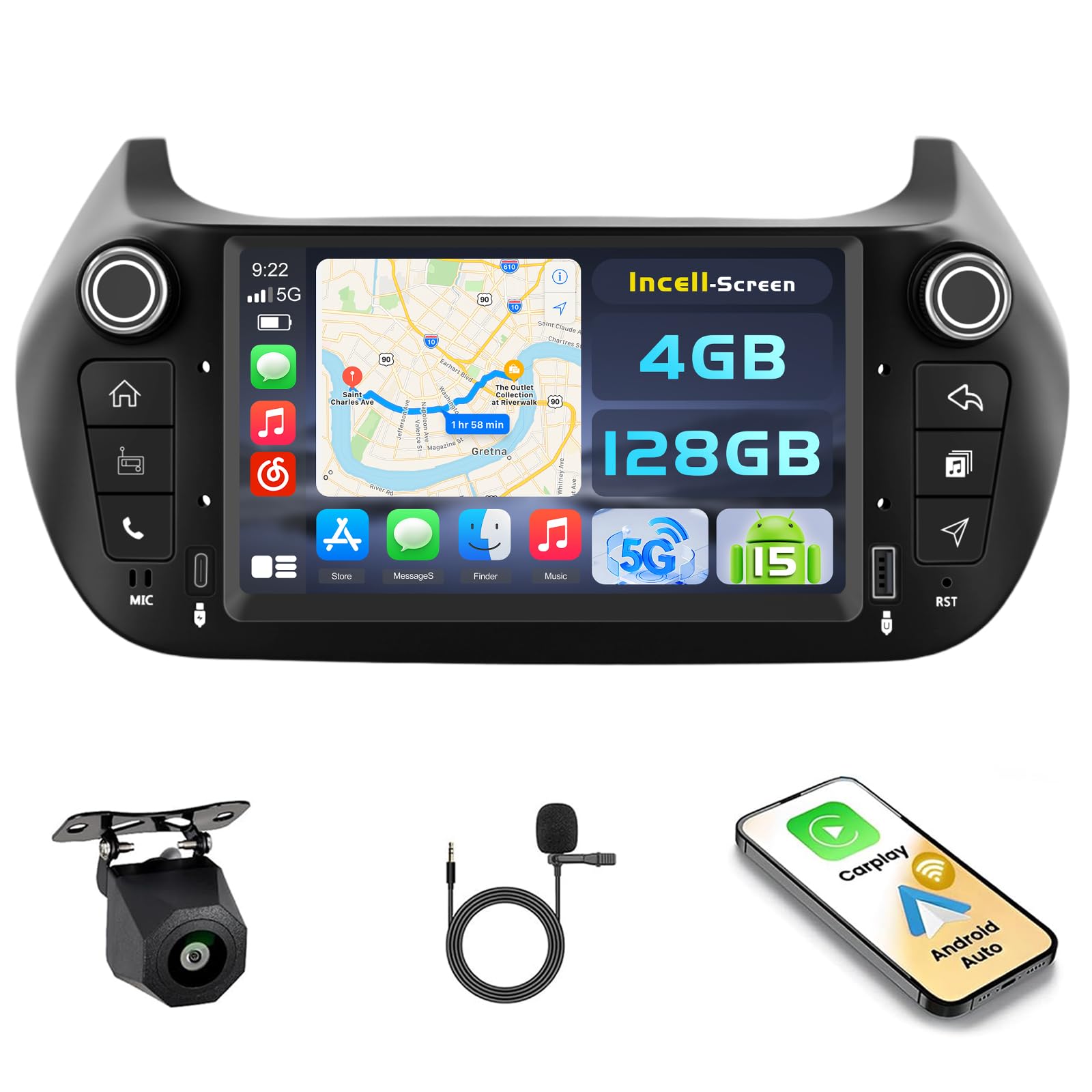 Hikity 4G+128G Android 15 Autoradio 7" pour Fiat Fiorino CarPlay