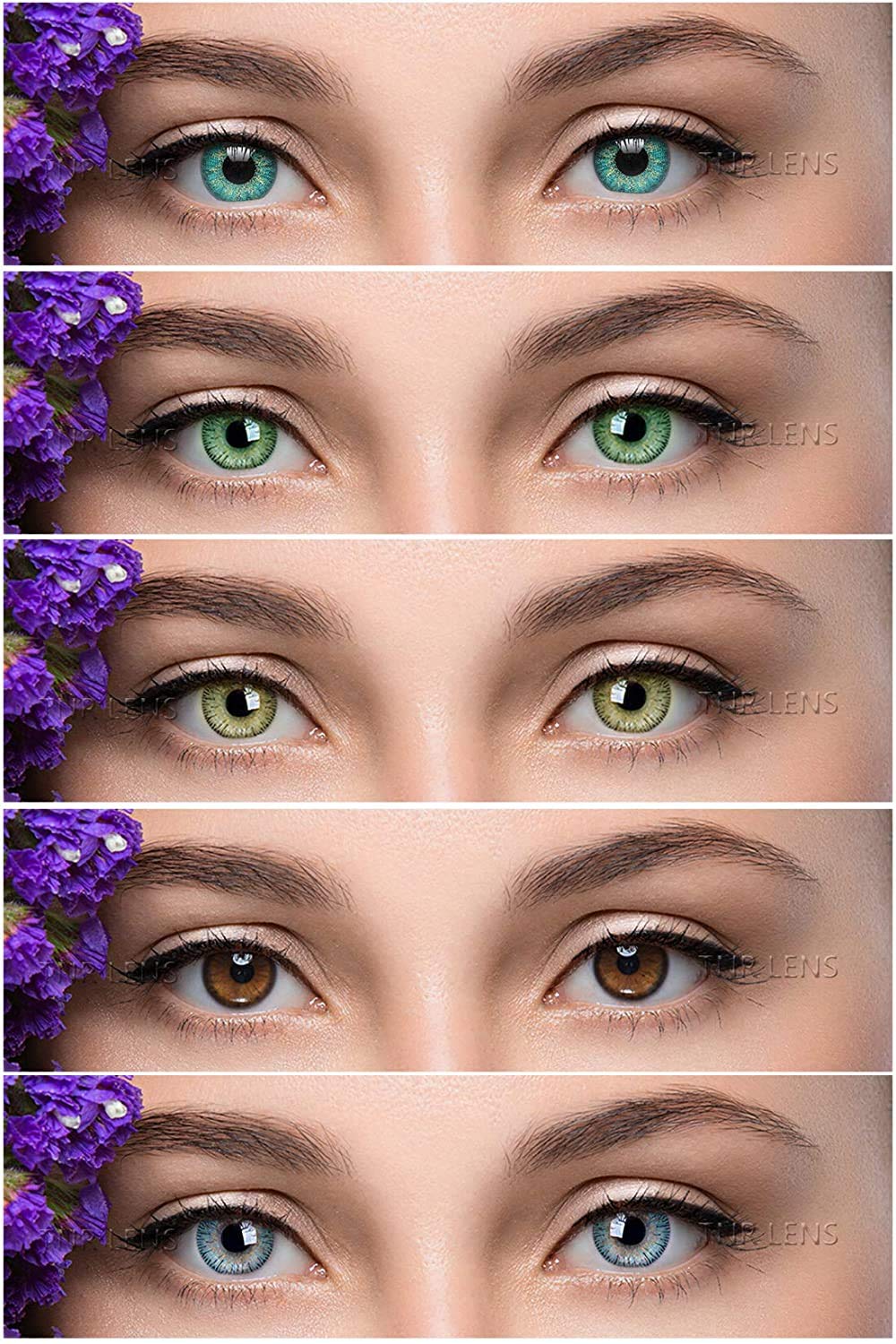 Monthly Color Contact Lens Zero Power with Lens Case Combo Pack of 5 Pair blue-grey-honey-green-Turquoise