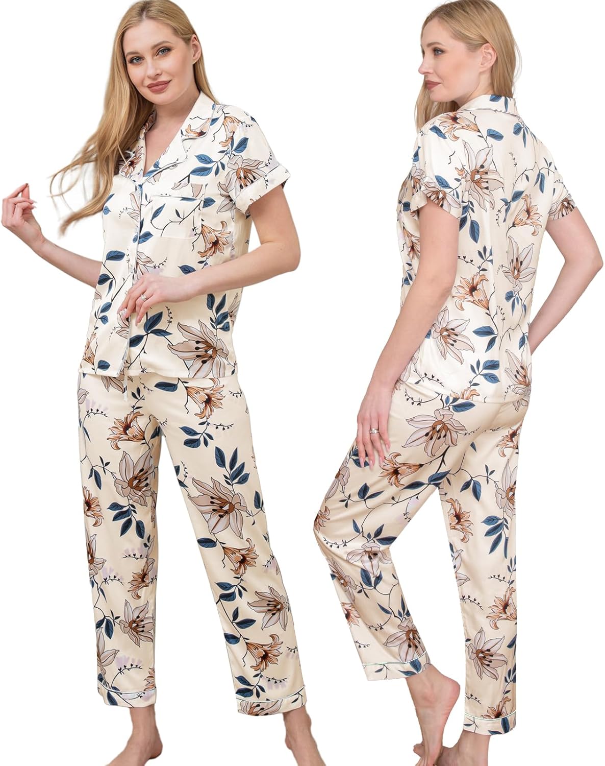 Womens Pajamas Set XS-3XL Floral Silk Satin Pajama Sets Silky Pj Sets 2Pcs Loungewear Sleepwear Button Down Pjs - Image 4