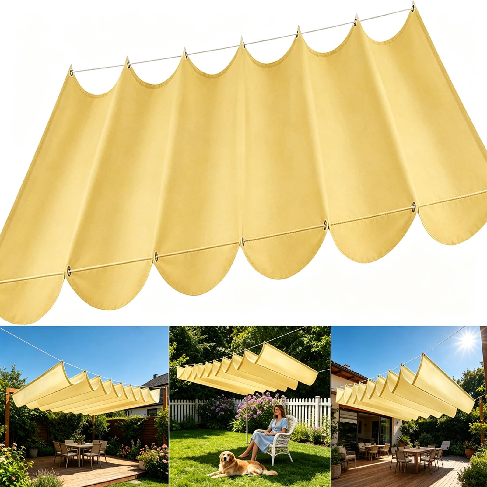 Toldo Retráctil de Onda 100 x 1500 cm con Ojales y Cuerda, Vela Sombra Impermeable y Rectangular con Bloqueo UV y Resistencia a Desgarros para Jardín Porche Patio Barbacoa, Amarillo Arena
