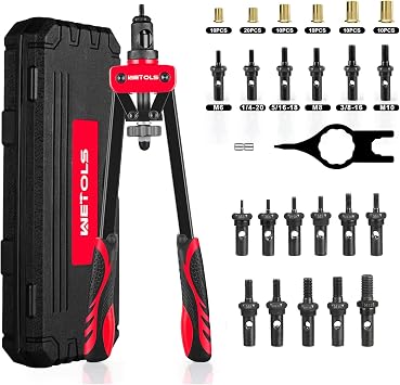 Rivet Nut Tool and Mandrel Set, Rivet Nut Tool with 7 Mandrels and 70 pcs Rivet Nuts, and Extra 11pcs Mandrel Set Includes M3 M4 M5 M6 M8 M10 M12, 10-24, 1/4-20, 5/16-18, 3/8-16