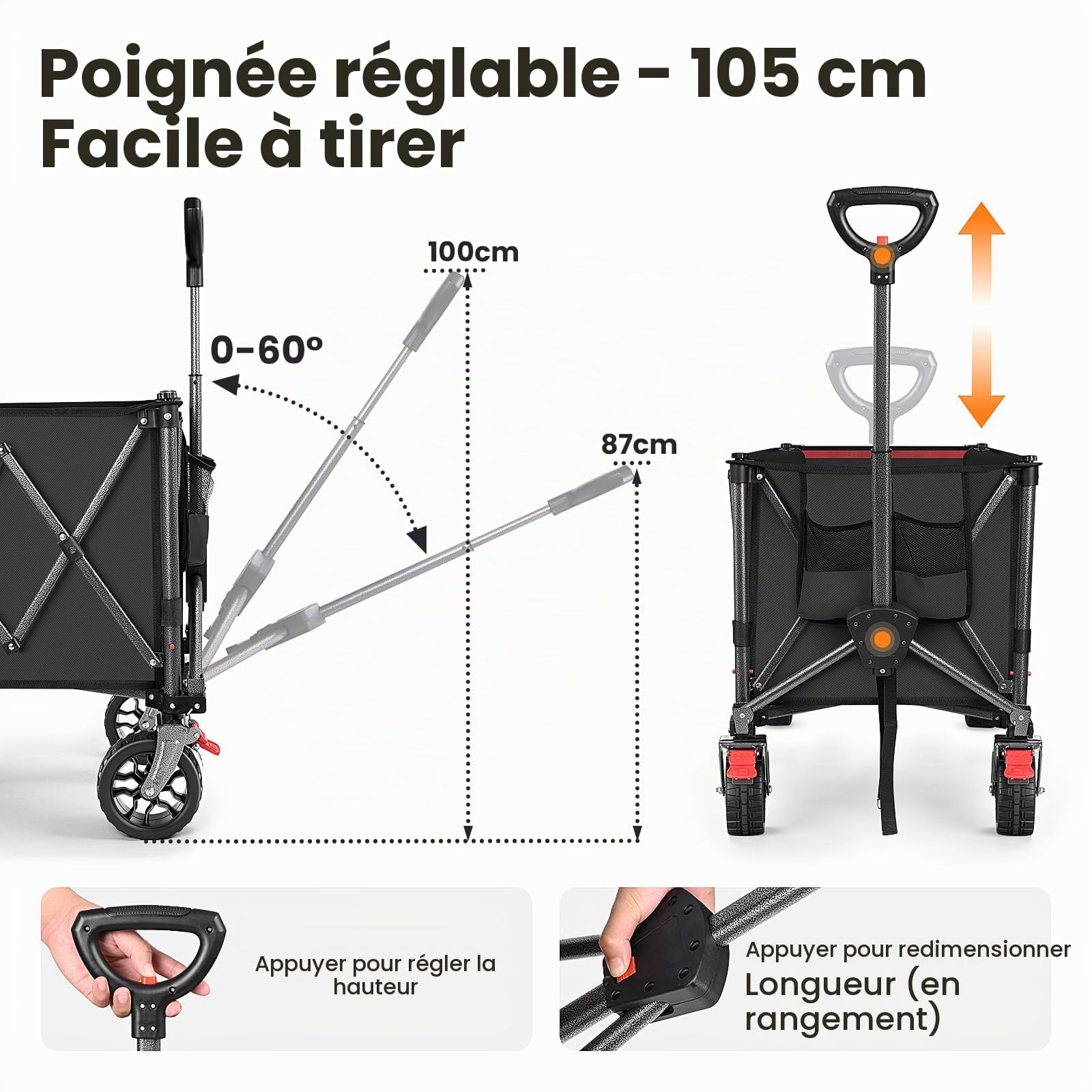YEAUPE PRO Chariot de Plage Pliable – Roues Avant orientables avec Frein, Arrière ouvrant pour Objets Longs, Capacité Extensible de 150 à 240 L – pour Plage, Pêche, Camping, Jardin, Noir