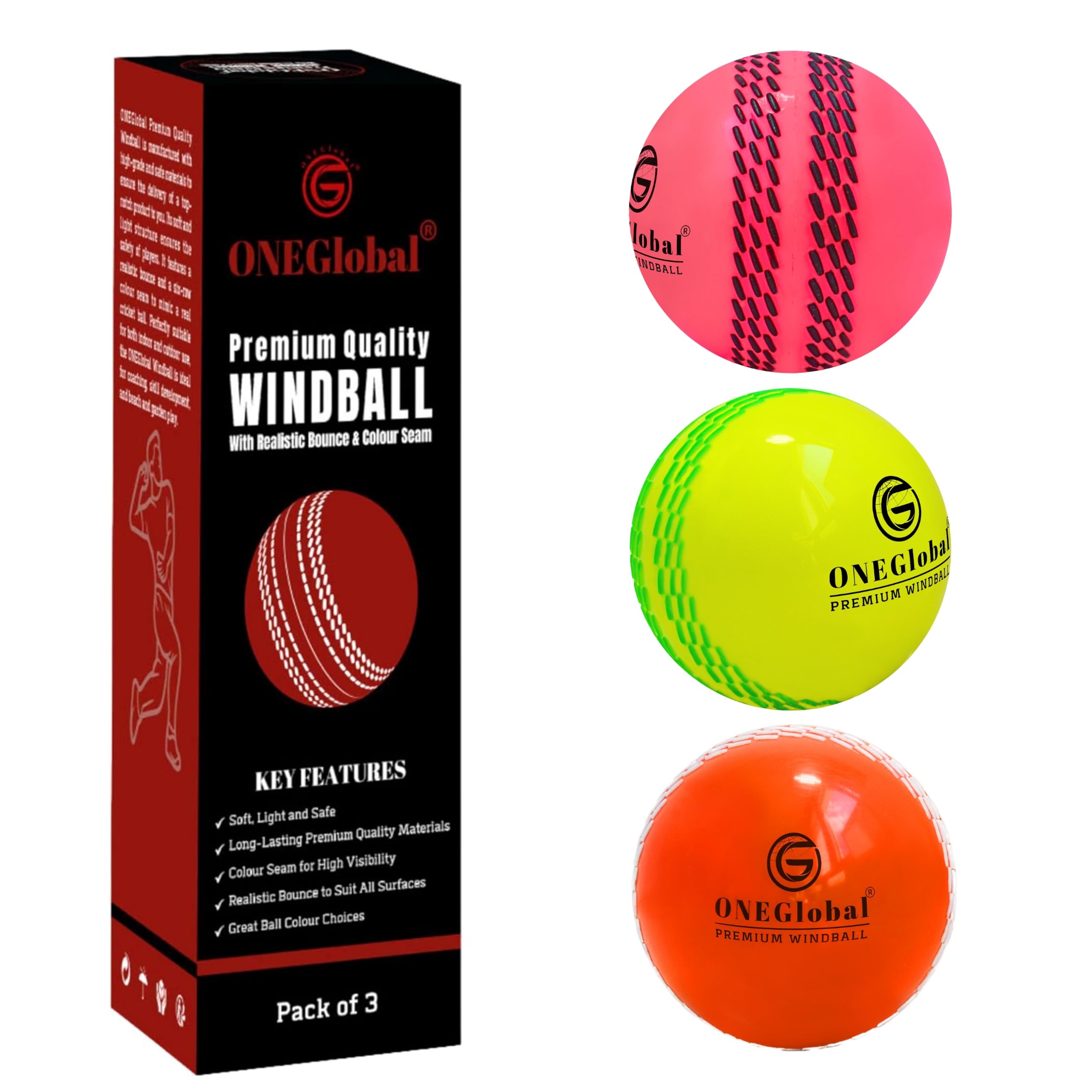 ONEGlobal Premium Windball Soft Cricket Ball | Durable & Safe, Colour Seam, True Bounce & Swing | Wind Ball for Outdoor & Indoor Practice, Coaching, Garden & Beach Games (3-Mix)