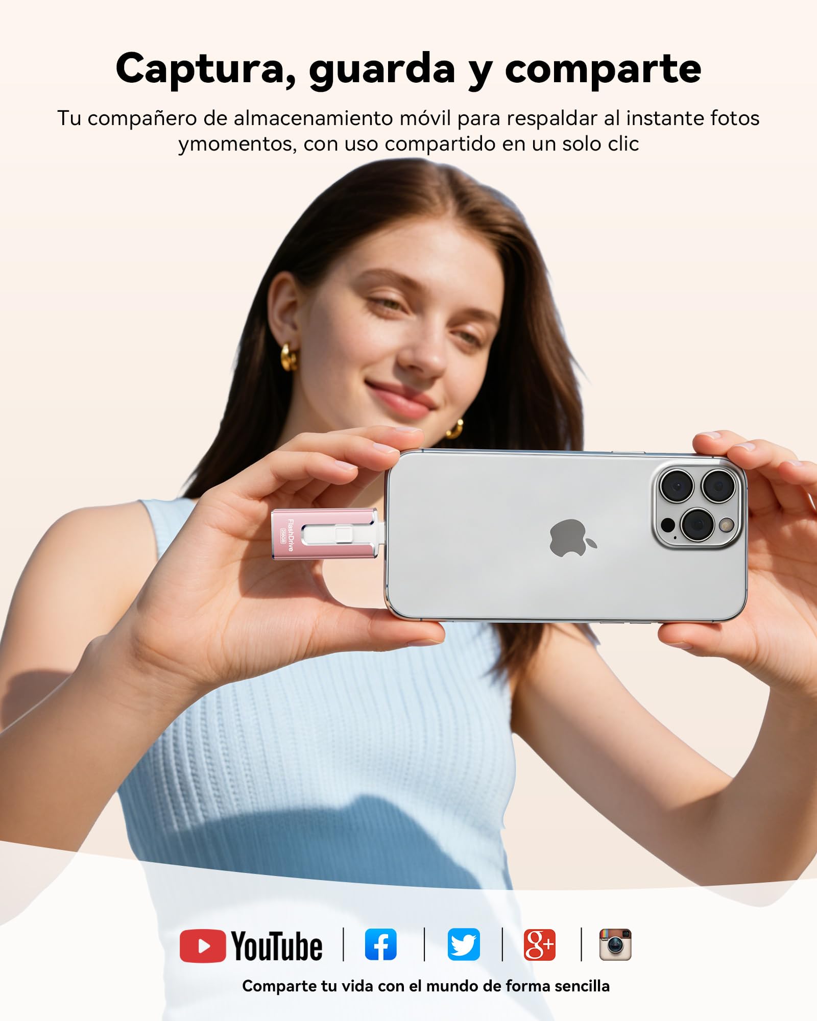 Pendrive para lPhone 32GB con Certificación MFi, Memoria USB 3.0 3 en 1,Rosa Claro - 5