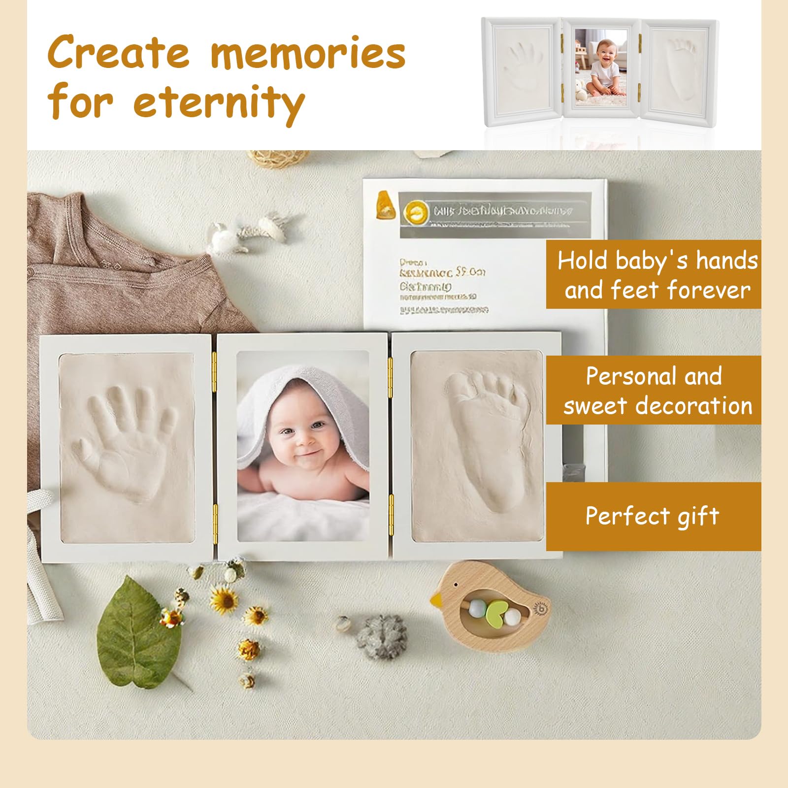 Manos y pies, kit de marco de huella infantil, conjunto de marco de impresión con molde de arcilla, marco de fotos de huella de bebé de madera para niños regalo de recuerdo de recién nacido