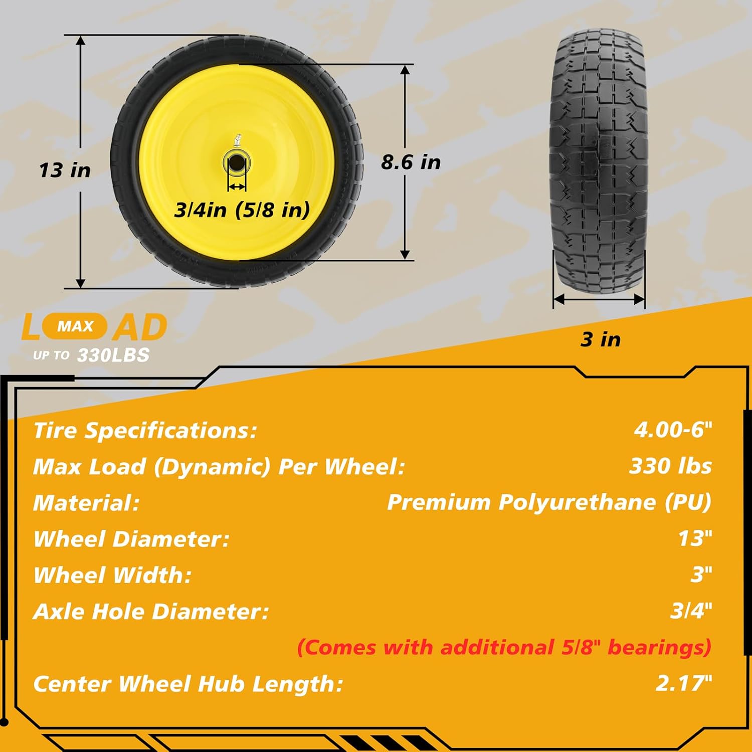 13 Inch 4.00-6 Flat Free Tire and Wheel Replacement for Gorilla Cart with 3/4" & Extra 5/8" Bearings, 4.00-6 Wheelbarrow Tire, 13" Garden Cart Wheels, Trailer Turf Tire, 2 Pack
