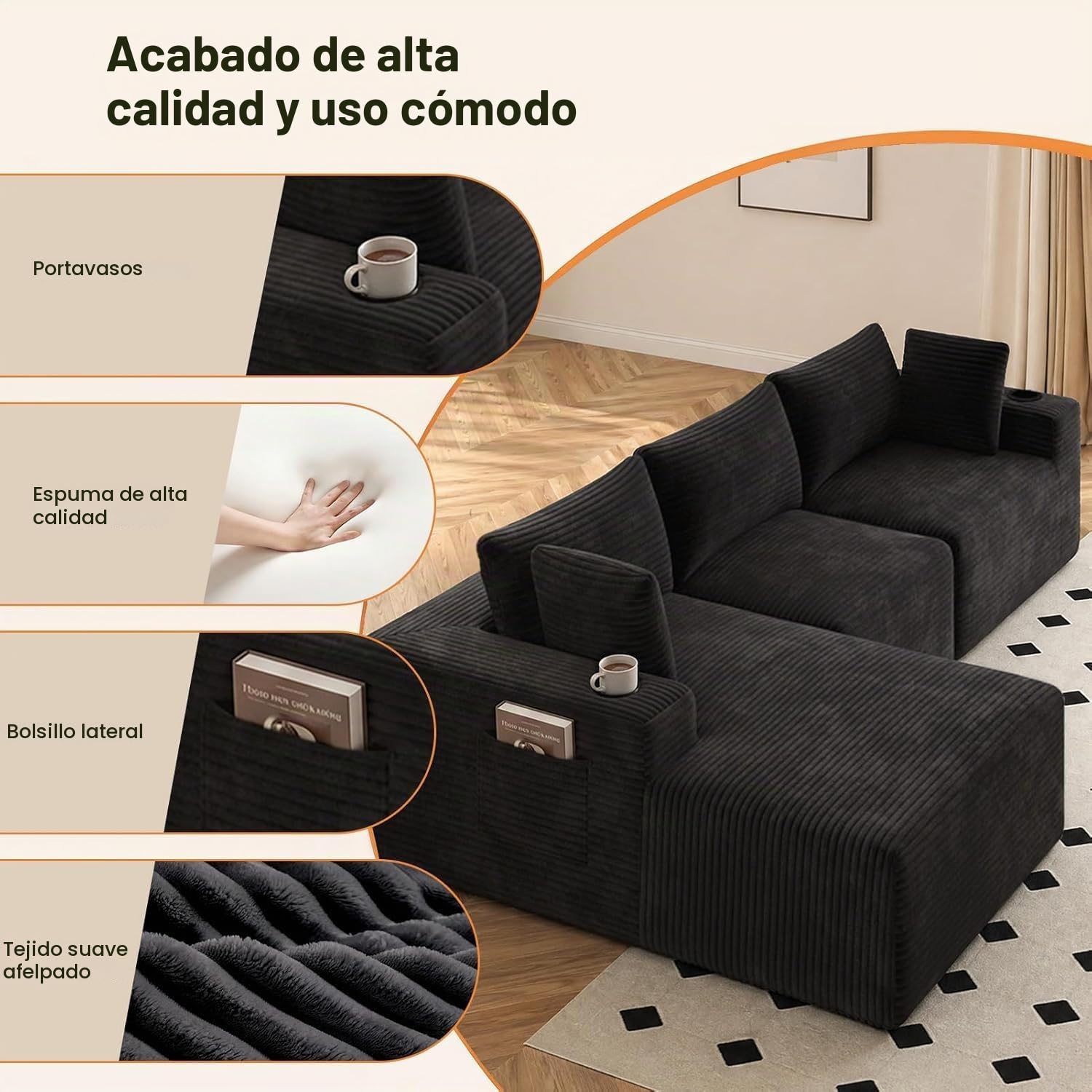 HAUSPROFI Sofá esquinero con función de Dormir, Modular en Forma de L con Funda de Pana – 3 plazas con Recamiere, se Puede Utilizar como sofá Cama de 2 plazas, Embalaje al vacío