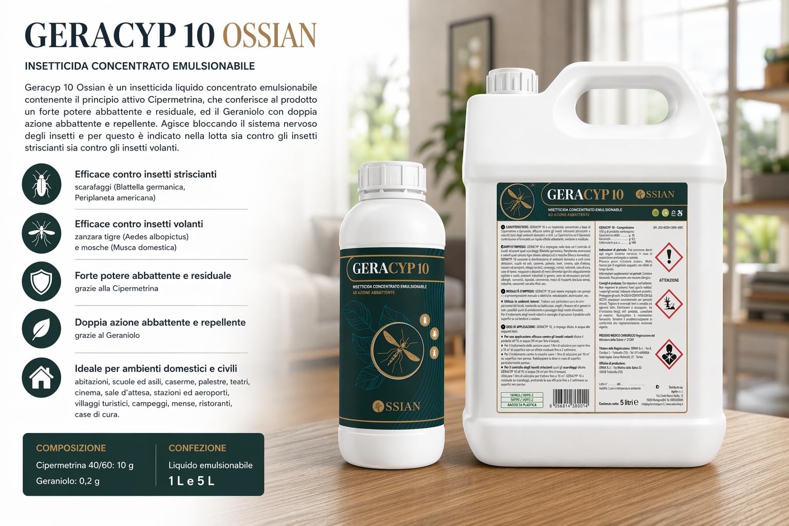 Ossian Geracyp 10 - Insetticida Antizanzare, Formiche, Scarafaggi, Insetti Striscianti e Volanti, Concentrato con Cipermetrina e Geraniolo, Effetto Residuale, Gradevole Profumazione (1 PZ, 1 LT)