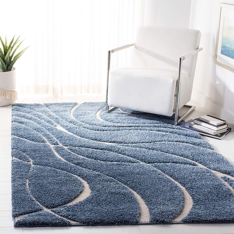 Super Ultra Soft Collection of Finishing Anti Slip Shaggy Fluffy Fur Rugs and Carpet for Living Room, Bedroom, Hall Area High Pile with Your Kids Room, Bedside Runner 4x6 Feet Ivory & Blue-image-32