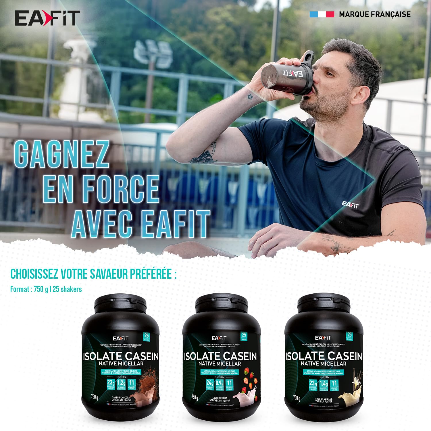 EAFIT | ISOLATE CASEIN NATIVE 750g | Assimilation lente caseine 100% micellaire + Vitamines et Minéraux (magnesium) | Riche en proteine | En poudre à mélanger dans un shaker pour le sport | Chocolat