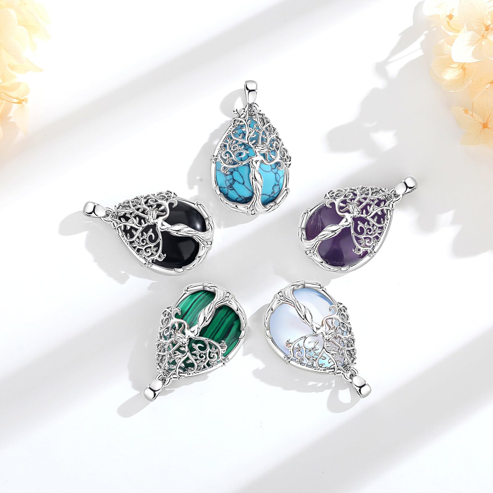CELESTIA Ciondolo Albero della Vita Collana Donna con Ametista Ossidiana Pietra di Luna Regalo Compleanno, Festa della Mamma