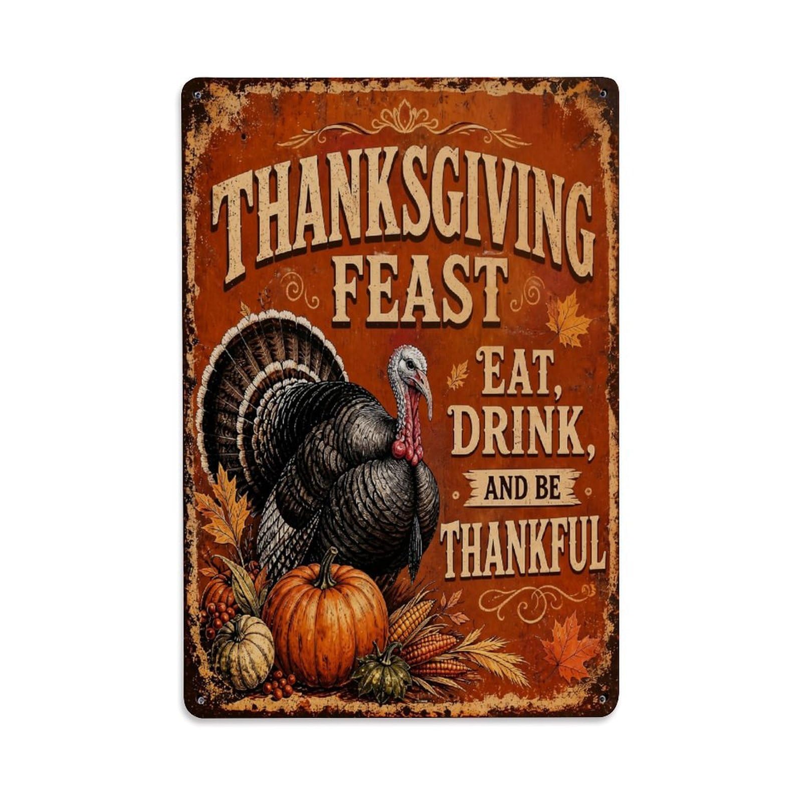 Jdfenggu Vintage Thanksgiving Feast Turkey Pumpkins Corn Retro Metal Tin Sign, Decor Art Poster For Bar, Home, Man Cave, Kitchen, Laundry Room Gift 8X12inch