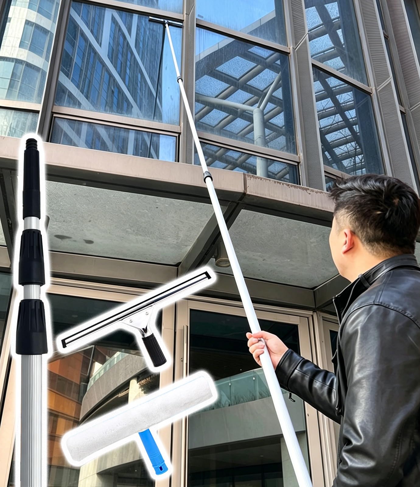 Limpiador Limpieza Vidrios Equipo para Limpieza de Ventanas Exteriores en Altura: Kit de Herramientas de 4 a 15 Metros para Limpieza de Cristales, con limpiacristales (rasqueta) | 7M/23ft