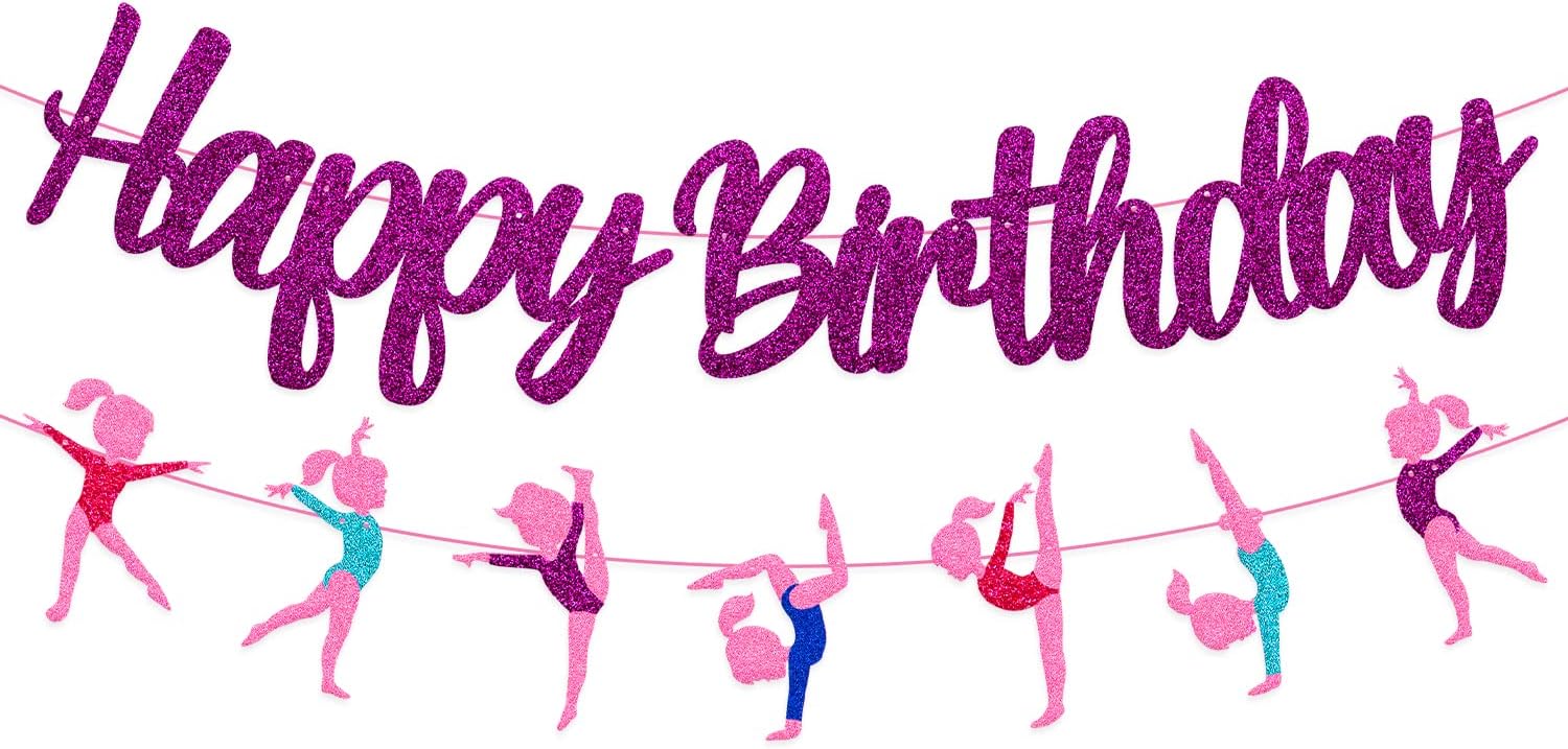 Gymnastics Birthday Banner Gymnast Theme Decoration Glitter Purple Happy Birthday Garland for Girl Gymnastics Bday Party Supplies