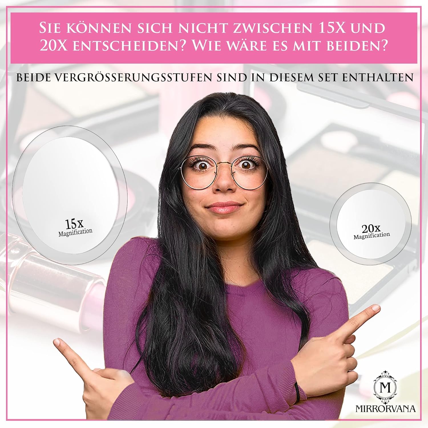 Mirrorvana Vergrößerungsspiegel 20-Fach und 15-Fach mit Saugnapf, runder Kosmetikspiegel für Make-up, Ø 15 cm und Ø 10 cm